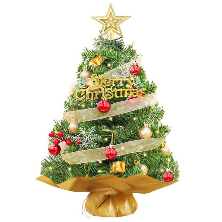 24 inch Tabletop Christmas Tree with LED String Lights/Red Berries Pine Cones, Pre-Lit Mini Christmas Tree w/ 30 DIY Ornaments, 2ft Small Artificial Xmas Tree for Holiday Indoor Christmas Decoration