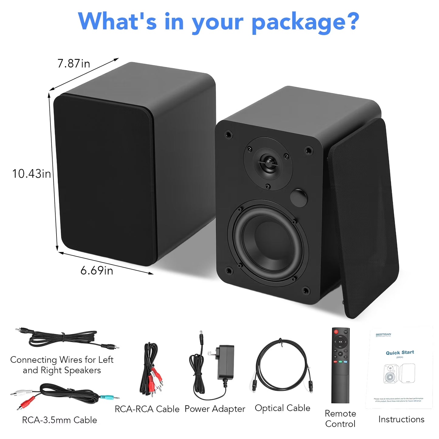 80W Active Bookshelf Speakers, Record Player Speakers with 4 Inch Woofer, Stereo Studio Monitor Speakers, Bass & Treble Adjust TV Speakers with USB/Optical/AUX Input for PC, Black