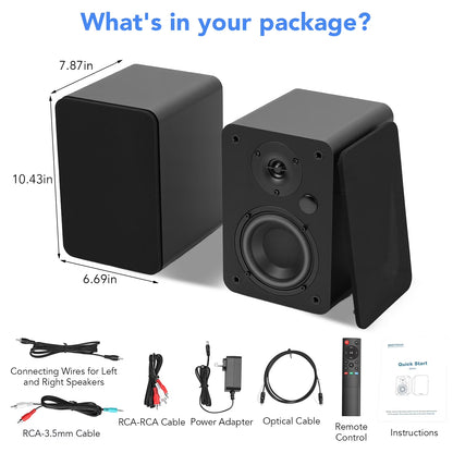 80W Active Bookshelf Speakers, Record Player Speakers with 4 Inch Woofer, Stereo Studio Monitor Speakers, Bass & Treble Adjust TV Speakers with USB/Optical/AUX Input for PC, Black