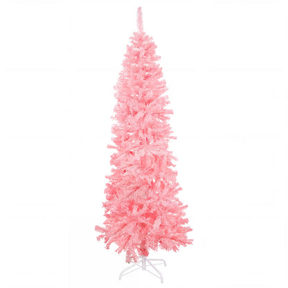 6ft Pink Artificial Pencil Christmas Tree, Unlit Slim Xmas Tree with 660 PVC Tips & Foldable Metal Stand, Full Shape, Easy to Assemble for Home Office Party Holiday Display Decoration