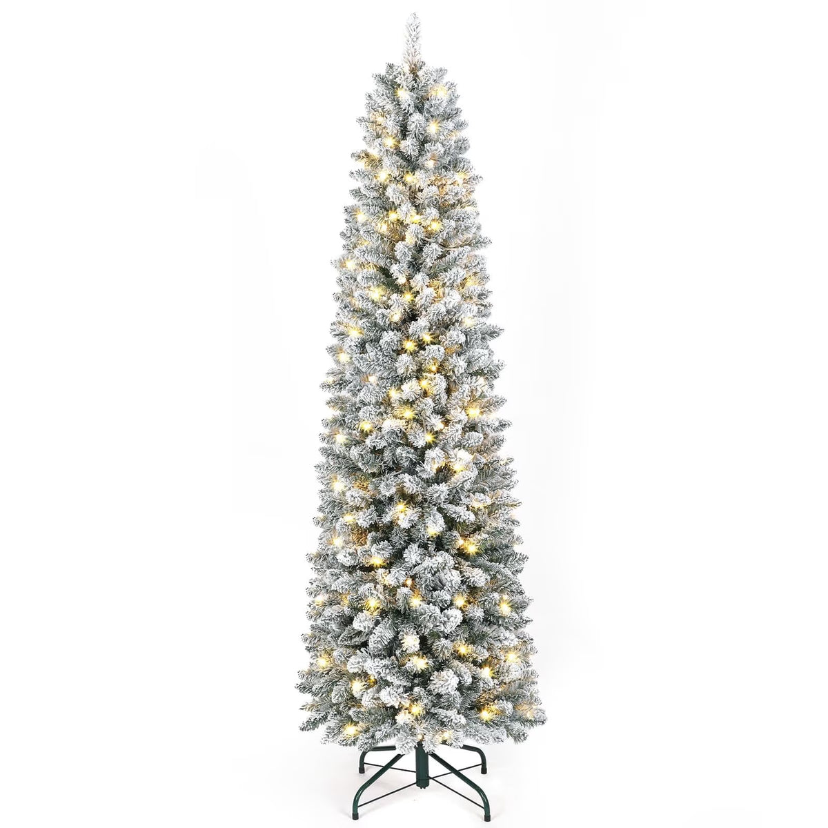 6ft Prelit Snow Flocked Artificial Hinged Slim Pencil Christmas Tree with Warm White Lights, Flocked Pencil Spruce Tree for Christmas Holiday