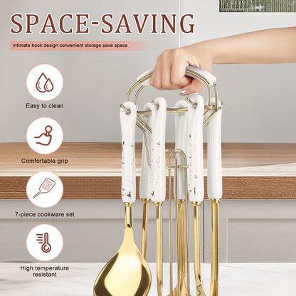 LHCER 7-Piece Kitchen Cookware Set with Ceramic Handled Holder - Includes Slotted Spoon, Slotted Spatula, Large Spoon, Soup Ladle, Spatula, Pasta Spoon(White)