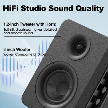 80W Active Bookshelf Speakers, Home Bluetooth 5.3 Wireless Speaker with 3 inch Woofer, Stereo Studio Monitor Speakers, Bass & Treble Adjust TV Speakers with USB/Optical/AUX Input for PC, Black