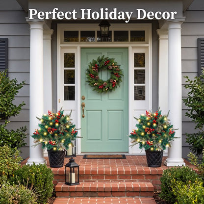 2 Pack Pathway Christmas Tree, Battery Operated Pre-Lit Artificial Small Xmas Tree Urn Filler w/LED Lights Berries and Pine Cones Ornaments for Porch, Driveway, Yard Festival Holiday Decorations
