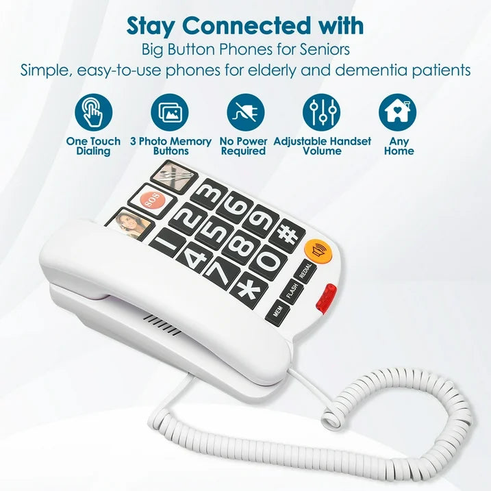 Big Button Phone for Seniors, Corded Landline Telephone with Handsfree, One-Touch Dialling, Large Key Adjustable Volume Wired Phone for Visually/Hearing Impaired, Extra Loud Ringer, White