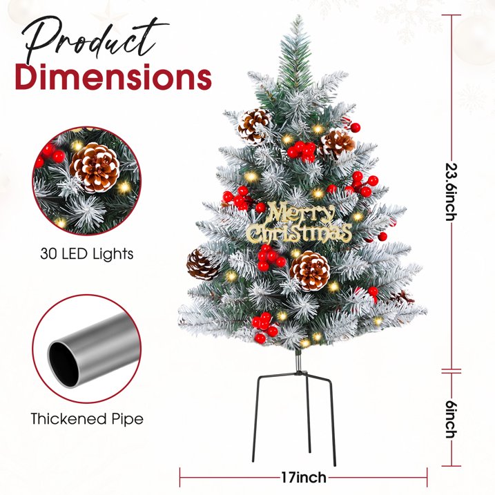 Set of 2 Pathway Christmas Tree Urn Filler, Pre-lit Artificial Small Xmas Tree with Cones & Red Berries, 60 Warm Lights Outdoor Christmas Porch Decorations for Gardens, Porch & Yard