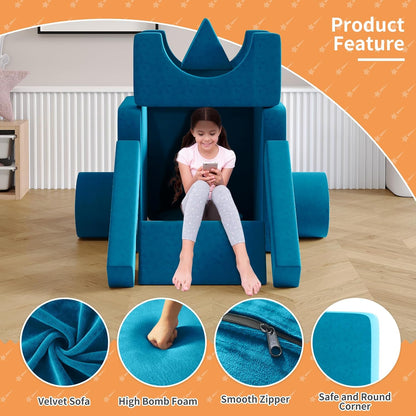 12pcs Modular Kids Play Couch, Child Sectional Sofa, Fortplay Bedroom and Playroom Furniture for Toddlers, Convertible Foam and Floor Cushion for Boys and Girls, Blue