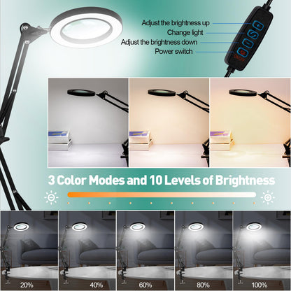 10X Magnifying Glass with Light and Stand, 3 Color Modes Stepless Dimmable 2-in-1 Desk Lamp with Clamp, Clip on Magnifying Glasses with LED Light for Hobby Reading Painting Sewing Close Work