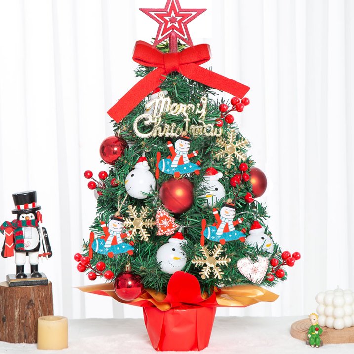 24" Mini Christmas Tree with LED Snowman Globe String Lights/Pine Cones Xmas Balls, Tabletop Christmas Tree with 36 Ornaments, Small Artificial Xmas Spruce Tree for Holiday Indoor Christmas Decor
