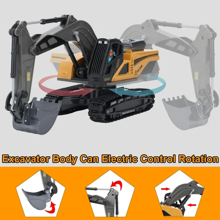 Remote Control Excavator Toys with Metal Shovel & Lights, 8 Channel RC Truck Rechargeable Tractor Toy Gift