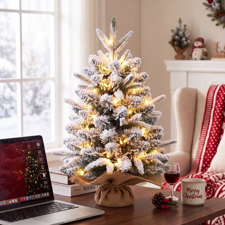 2ft Pre-lit Mini Christmas Snow Flocked Tree, Tabletop Artificial Christmas Tree with LED Lights, Small DIY Decor Xmas Pine Tree with Cloth Bag Base for Indoor Outdoor Home Dining Table Decorations