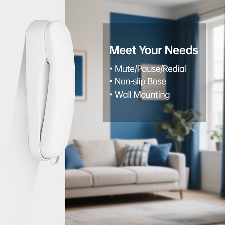 Slimline Wall-Mountable Basic Corded Telephone No AC Power Required