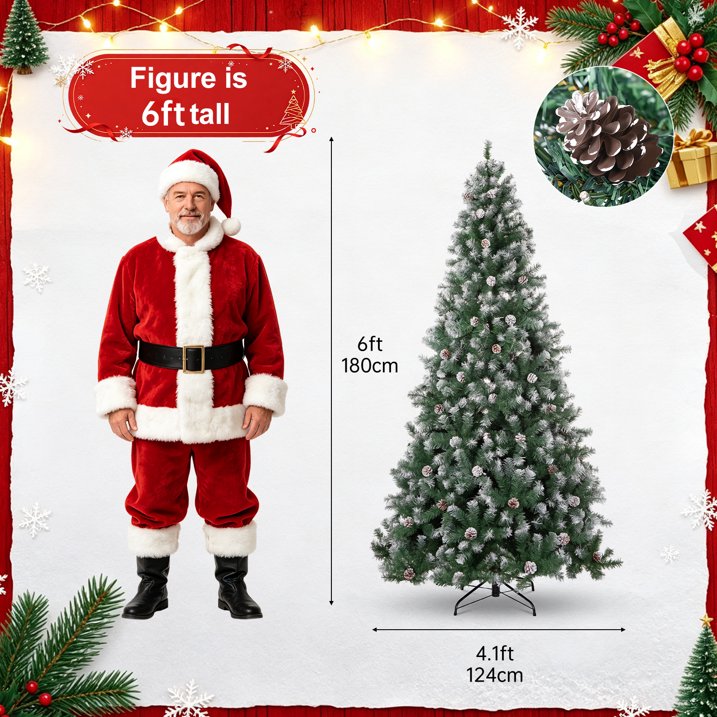 6ft Artificial Xmas Tree Realistic Fire Proof PVC Snow Flocked Xmas Tree with Pinecones String Lights Dense Branches for Home Holiday Decor