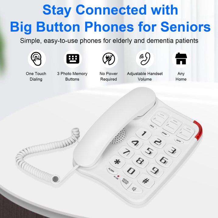 Big Button Phone for Seniors, Corded Landline Telephone with 3 Picture Keys, Adjustable Volume & Ringing, One-Touch Dialling Phones for Elderly Suitable People with Vision Disorders/Hearing Damage