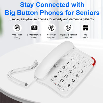 Big Button Phone for Seniors, Corded Landline Telephone with 3 Picture Keys, Adjustable Volume & Ringing, One-Touch Dialling Phones for Elderly Suitable People with Vision Disorders/Hearing Damage