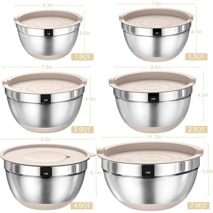 Mixing Bowls with Lids, 32 Piece Stainless Steel Bowls Set, 3 Grater Attachments & Black Non-Slip Bottoms Size 7, 4, 3.5, 2.5, 2, 1.5QT, Great For Mixing & Serving, Khaki