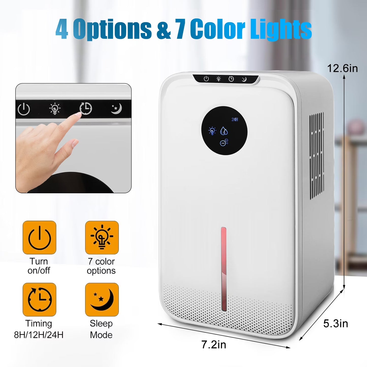 8-Pint Protable Dehumidifier Covers 800 Sq.Ft with Colorful Night Light & Drain Hose,0.66 Gallon Water Tank,2 Modes,24H Timer,Portable Dehumidifier for Basement/Bathroom/Laundry Room