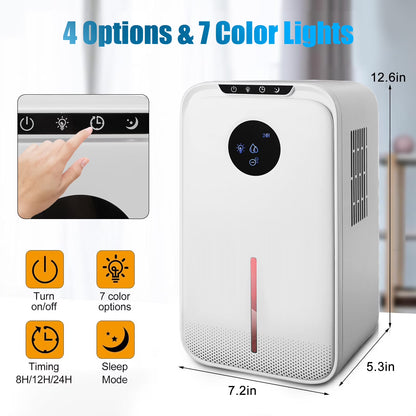 8-Pint Protable Dehumidifier Covers 800 Sq.Ft with Colorful Night Light & Drain Hose,0.66 Gallon Water Tank,2 Modes,24H Timer,Portable Dehumidifier for Basement/Bathroom/Laundry Room