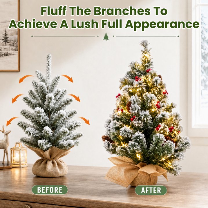 20 inch Prelit Snow Flocked Christmas Tree with Light, Small Artificial Tabletop Xmas Trees with Red Berries, Pinecones and Cloth Bag Base, Indoor Table Centerpieces Xmas Home Holiday Decorations