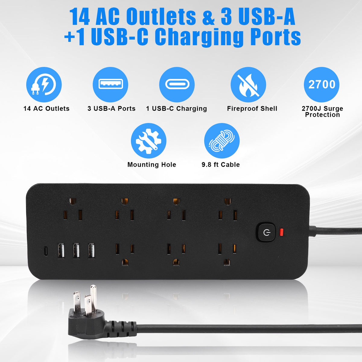9.8ft Power Strip Surge Protector with 14 AC Outlets and 4 USB Ports for Home Office Dorm Essential, 1875W/15A Flat Plug Desktop Charging Station w/ Wall Mountable, Overload Protection, Black