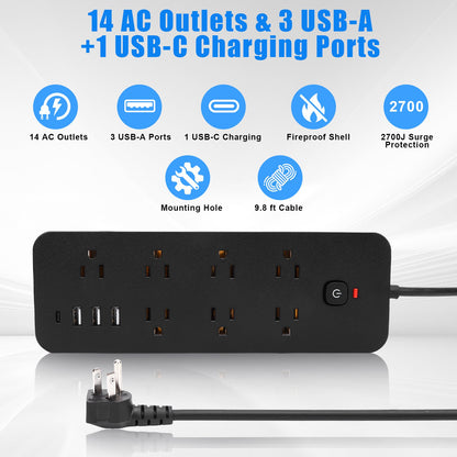 9.8ft Power Strip Surge Protector with 14 AC Outlets and 4 USB Ports for Home Office Dorm Essential, 1875W/15A Flat Plug Desktop Charging Station w/ Wall Mountable, Overload Protection, Black