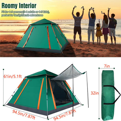Pop up Canopy Big Instant Camping Tent, Green 4-5 Person Family Tents for Camping with 4 Doors, 7.87'x7.87'x5.1' Anti-UV Waterproof Easy Setup Camping Tent for Beach Picnic Hiking Outdoor Backpacking,Green