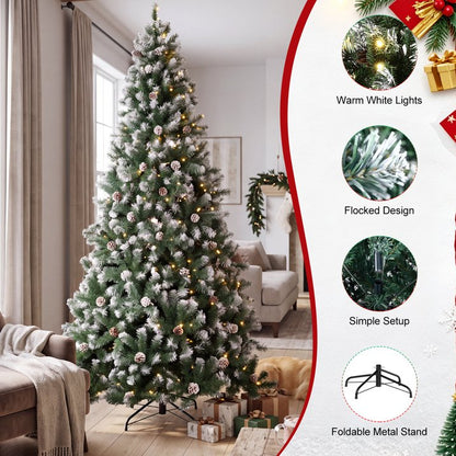 6ft Artificial Xmas Tree Realistic Fire Proof PVC Snow Flocked Xmas Tree with Pinecones String Lights Dense Branches for Home Holiday Decor
