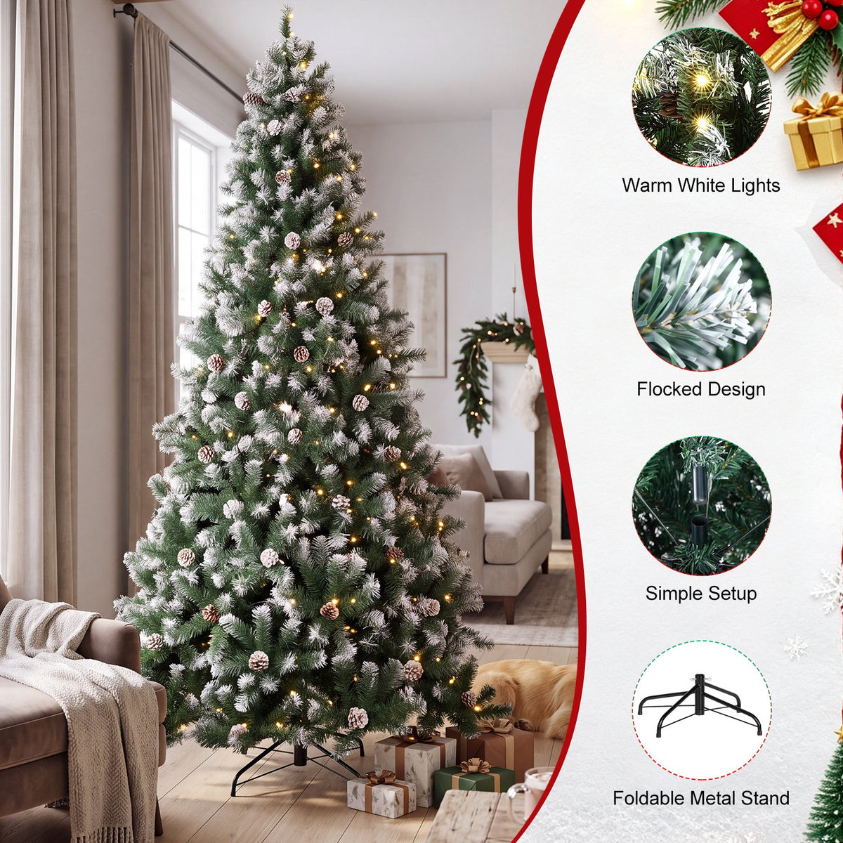 7ft Artificial Xmas Tree Realistic Fire Proof PVC Snow Flocked Xmas Tree with Pinecones String Lights Dense Branches for Home Holiday Decor