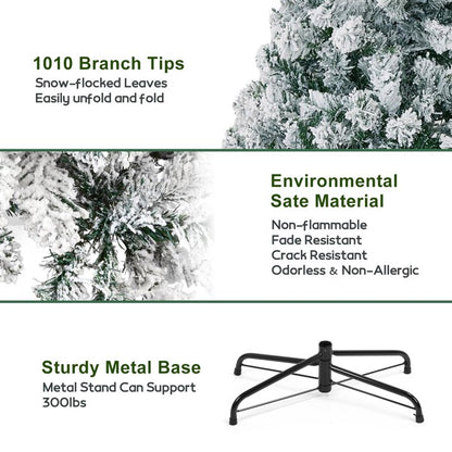 7FT Artificial Snow Flocked Christmas Tree, Unlit Artificial Christmas Pine Tree with 800 Branch Snow Tips and Metal Stand, Holiday Xmas Pine Tree for Indoor Outdoor Home Office Party Decoration