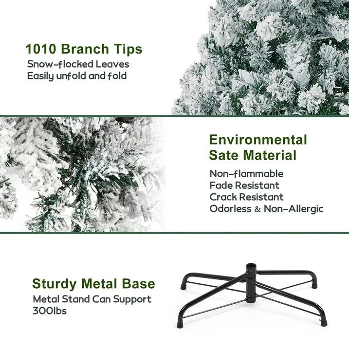6FT Snow Flocked Christmas Tree, Unlit Artificial Holiday Christmas Pine Tree with 600 Branch Snow Tips and Foldable Metal Base, Xmas Tree w/ Dense Branches for Indoor Outdoor Home Office Party Decor