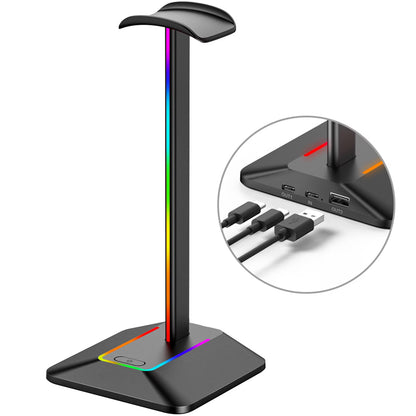 RGB Headphone Stand with 1 USB C Charging Port and 1 USB Charging Port, Non-Slip Rubber Base, Desk Gaming Headset Stand with 7 Light Modes for All Earphone Accessories, Black