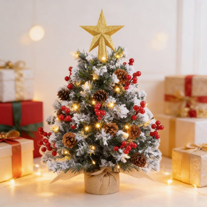 22 inch Tabletop Christmas Tree with Lights, Snowy Artificial Small Christmas Trees Battery Operated 30 Warm Lights Red Berries Pine Cone Stable Base Mini Tree Xmas Decorations Indoor Holiday