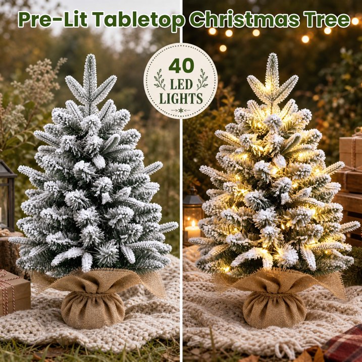 2ft Pre-lit Mini Christmas Snow Flocked Tree, Tabletop Artificial Christmas Tree with LED Lights, Small DIY Decor Xmas Pine Tree with Cloth Bag Base for Indoor Outdoor Home Dining Table Decorations