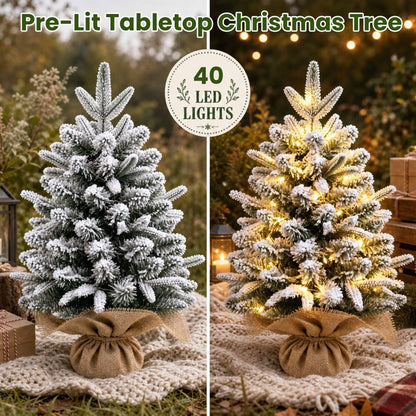 2ft Pre-lit Mini Christmas Snow Flocked Tree, Tabletop Artificial Christmas Tree with LED Lights, Small DIY Decor Xmas Pine Tree with Cloth Bag Base for Indoor Outdoor Home Dining Table Decorations
