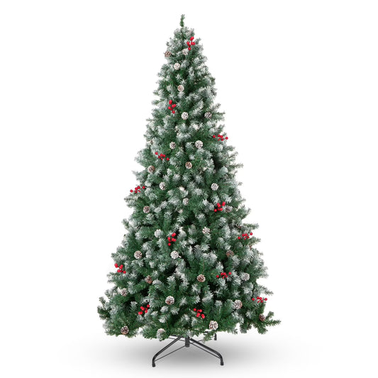 7FT Artificial Christmas Tree w/ 1100 PVC Branch Tips, Pine Cone & Red Berries for Home Office Party Decor, Snow Flocked Xmas Tree with Foldable Metal Stand, Indoor Holiday Festival Decoration