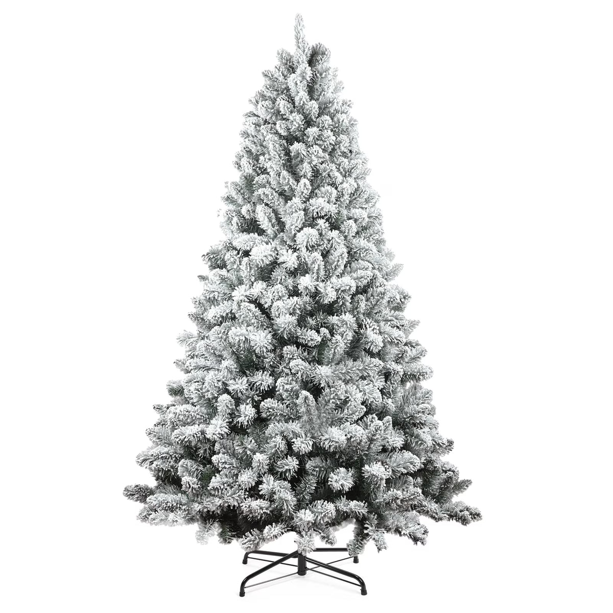 7FT Artificial Snow Flocked Christmas Tree, Unlit Artificial Christmas Pine Tree with 800 Branch Snow Tips and Metal Stand, Holiday Xmas Pine Tree for Indoor Outdoor Home Office Party Decoration