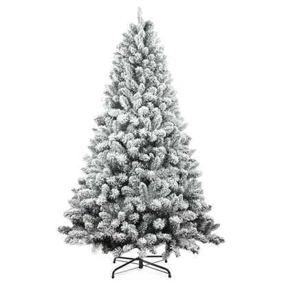 7FT Artificial Snow Flocked Christmas Tree, Unlit Artificial Christmas Pine Tree with 800 Branch Snow Tips and Metal Stand, Holiday Xmas Pine Tree for Indoor Outdoor Home Office Party Decoration