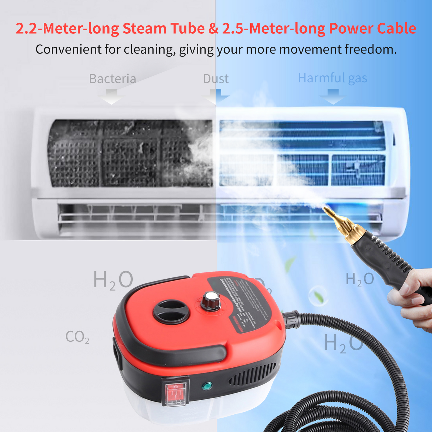 Steam Cleaner,2500W Handheld High Temperature Pressurized Steamer for Cleaning,10S Fast Heating, with 3Pcs Brush Heads for Kitchen/Furniture/Bathroom/Car,Red
