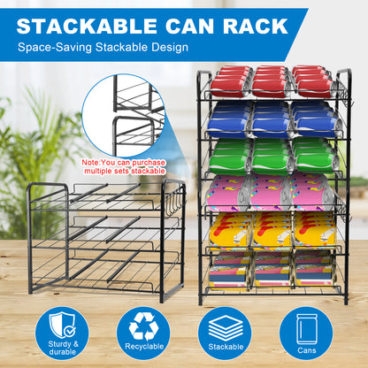 Stackable Can Rack Organizer, 3-Tier Carbon Steel Shelf – Holds Up to 36 Cans W/6 Hooks, 17" W x 11" D x 13.6" H – Pantry Cabinet Food Storage Dispenser,Black