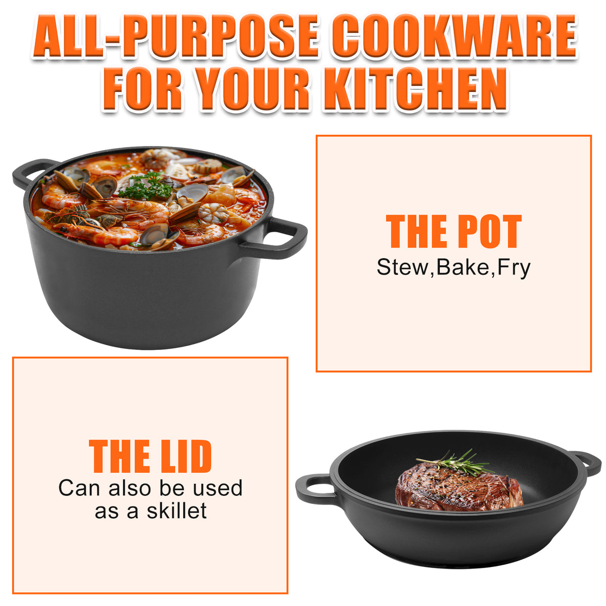 5.5QT Pre-Seasoned Cast Iron Dutch Oven with Lid, Ideal for Bread Baking, Sourdough, Frying, BBQ & Camping - Dual Handles, Skillet Pan Set for Indoor & Outdoor Use