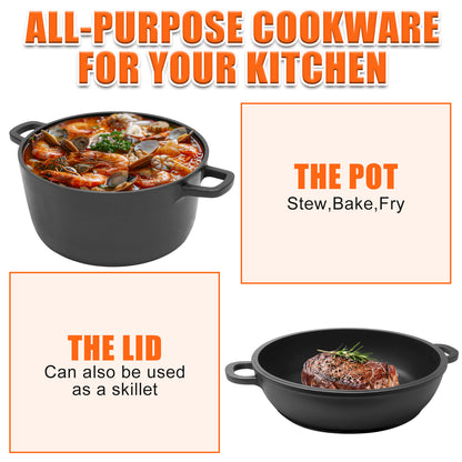 5.5QT Pre-Seasoned Cast Iron Dutch Oven with Lid, Ideal for Bread Baking, Sourdough, Frying, BBQ & Camping - Dual Handles, Skillet Pan Set for Indoor & Outdoor Use