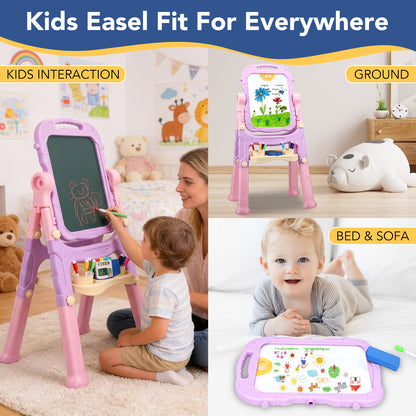 Art Easel for Kids, Adjustable Standing Rotatable Double Sided Easel with Painting Accessories for Toddlers Boys and Girls,Pink