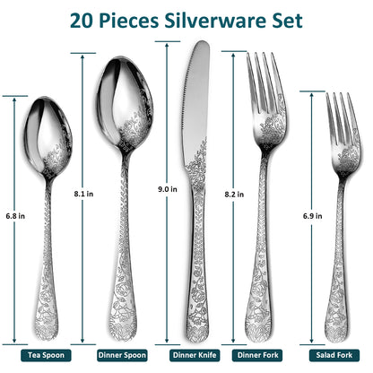 LHCER 20PCS Silverware Set Service for 4, Stainless Steel Titanium Silver Plating Flatware Set, Knives Forks Spoons Tea Forks Teaspoons Kits with Flower Pattern for Kitchen Restaurant Party Sliver