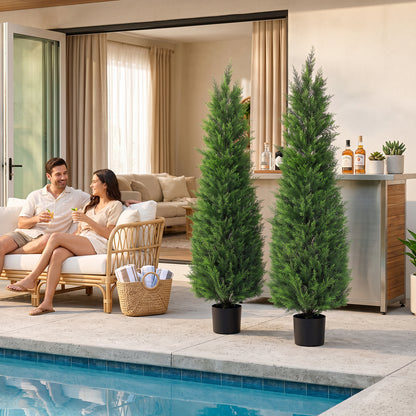 2 Pack 5ft Artificial Cedar Topiary Trees, UV-Resistant Outdoor Potted Plants for Porch & Garden Decor, Set of 2