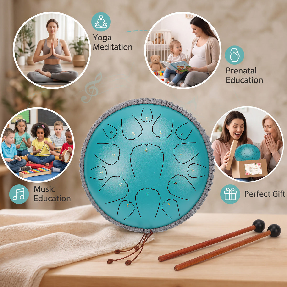 13 inch Steel Tongue Drum, 15 Notes D Major Handpan Drum with Mallets & Carry Bag, Carbon Steel Rain Drum Style Calming Percussion Instrument for Meditation Yoga Beginners Gift, Malachite Green
