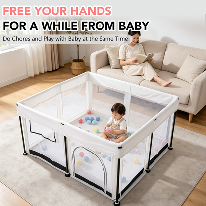 Portable Baby Playpen Large Play Yard Fence for Toddlers Indoor Outdoor,50"x50" with 30 Ocean Balls,White