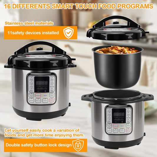 6.5 Quart Electric Pressure Cooker, 16-in-1 Multi-Functional Slow Cooker, Rice Cooker, Saute Pan, Soup Pot, Egg Cooker, Warmer, Preset Cooking, Stainless Steel