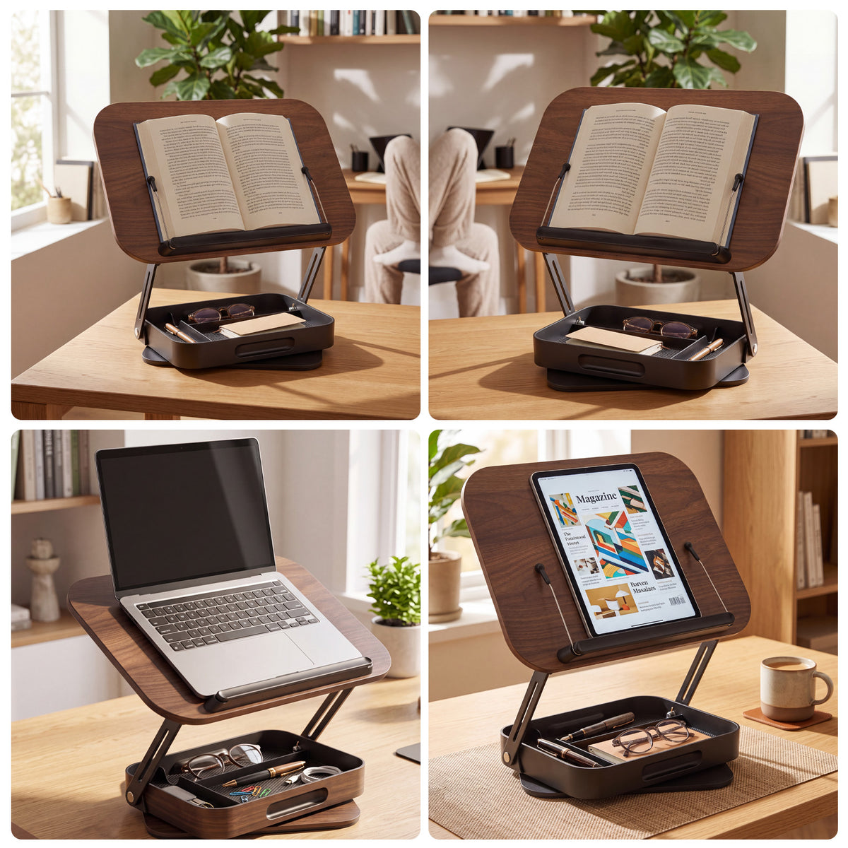 Foldable Wooden Book Stand with Storage,360° Rotating Book Holder for Kitchen Counter, Reading Stand for Desk, Recipe Stand, Book Prop for Book Lovers