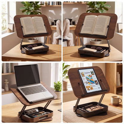 Foldable Wooden Book Stand with Storage,360° Rotating Book Holder for Kitchen Counter, Reading Stand for Desk, Recipe Stand, Book Prop for Book Lovers
