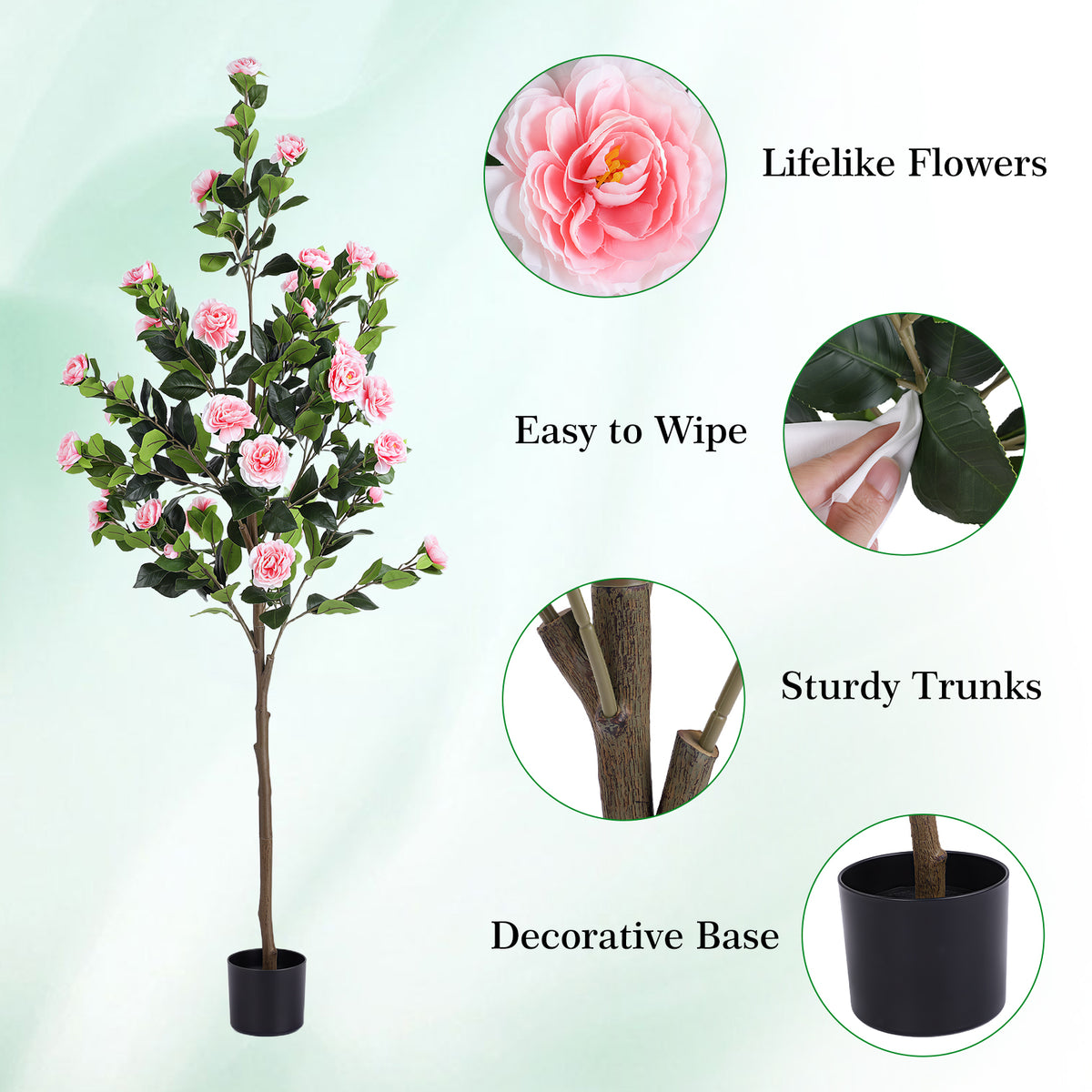 5.3FT Artificial Camellia Tree, Faux Plants Indoor, Easy Assembly, Low Maintenance, Suitable for Indoor Decor & Holiday Porch Ornament